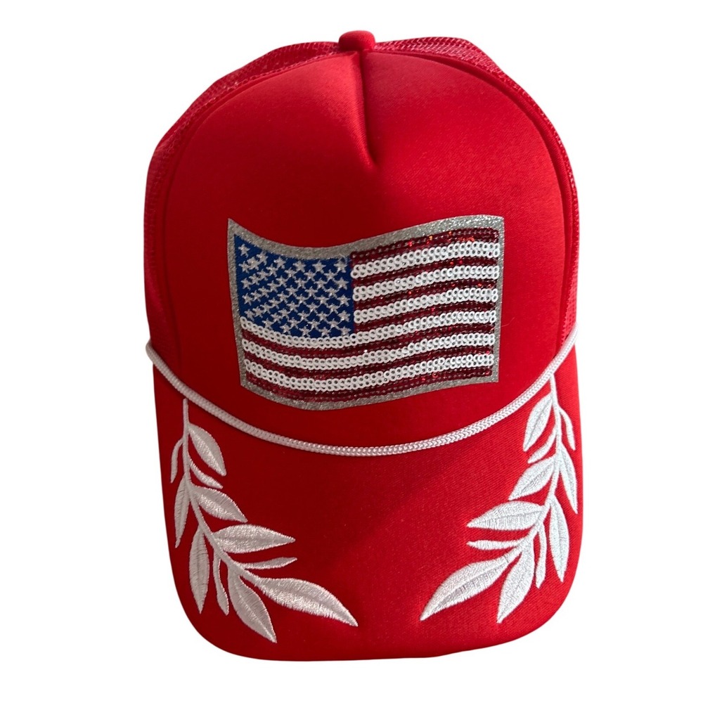 Red American Flag Sequin Mesh Trucker Hat Patriotic Snapback Cap with Laurels